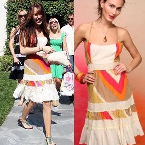 Free People Taste the Rainbow linen spaghetti strap midi dress striped ruffle